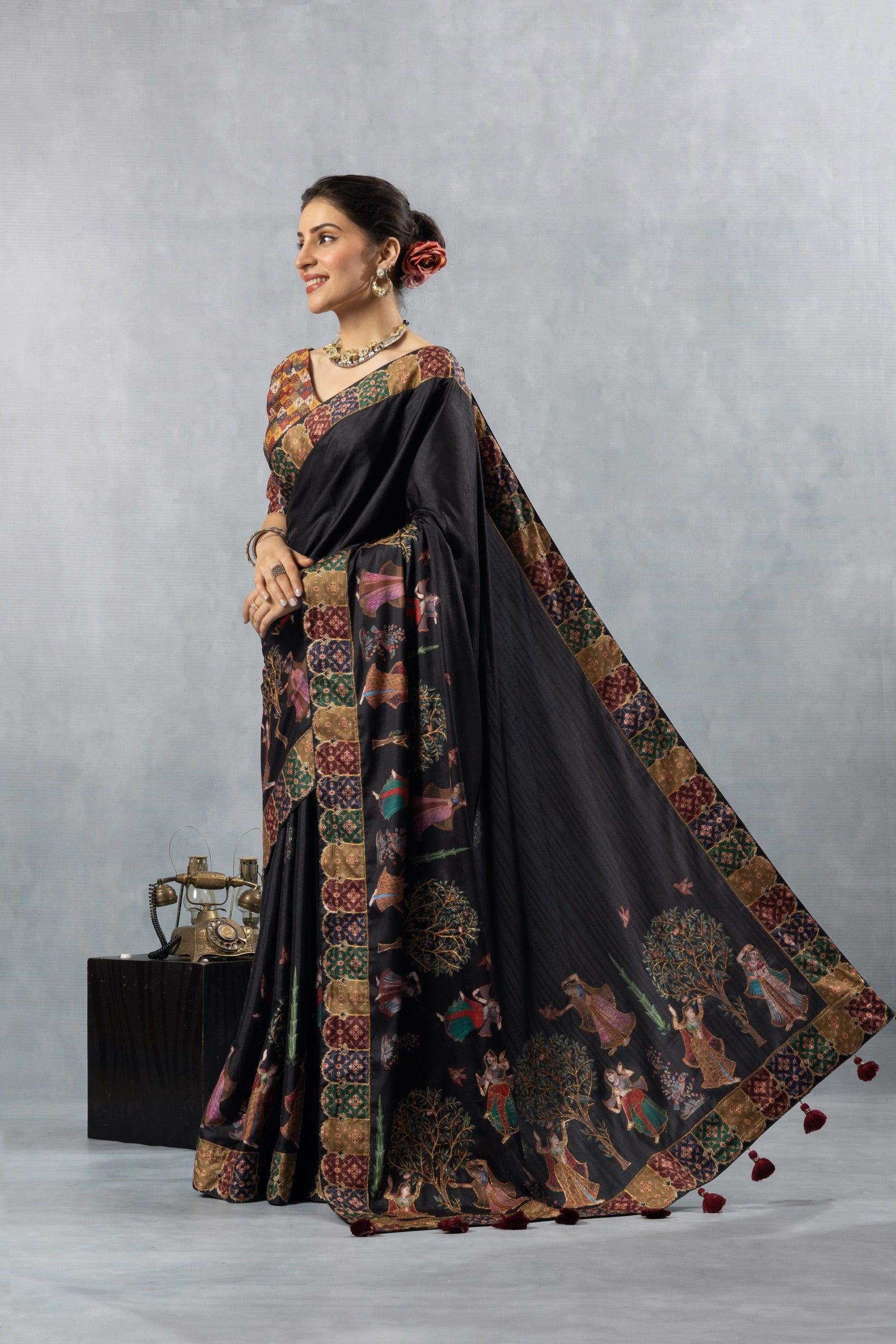 Black Printed Silk Blend Saree