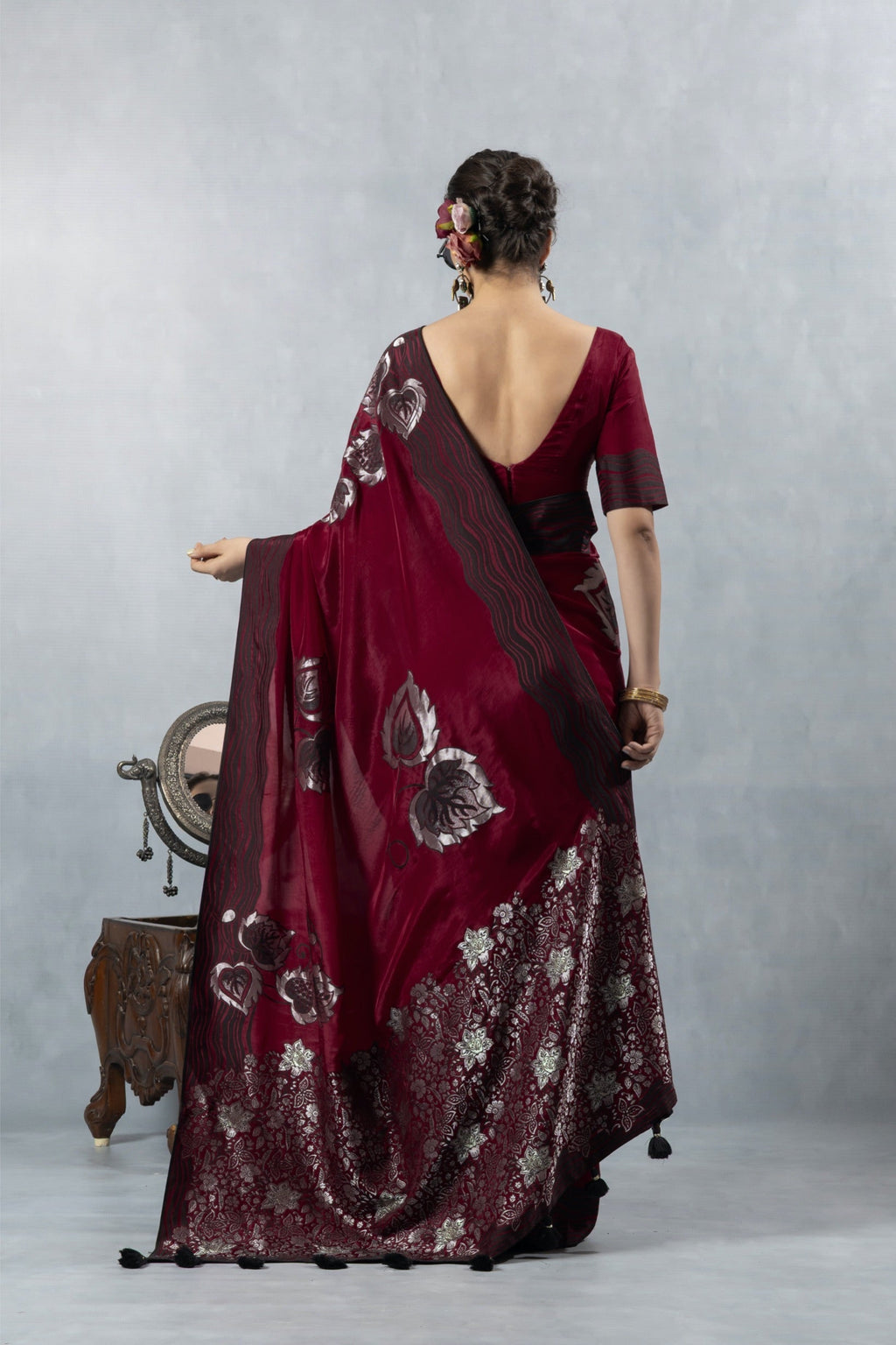 Red Black Thread Work Silk Saree
