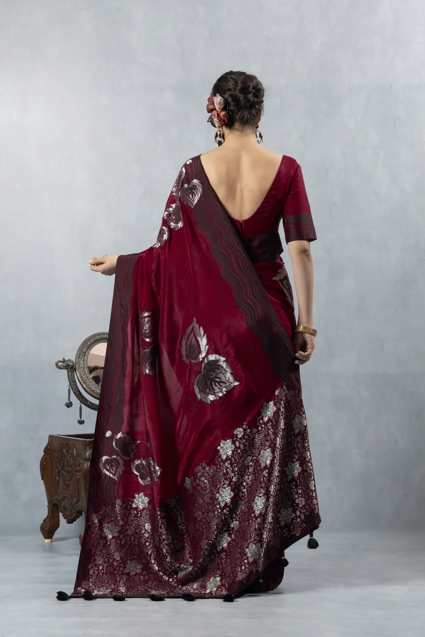 Red Black Thread Work Silk Saree