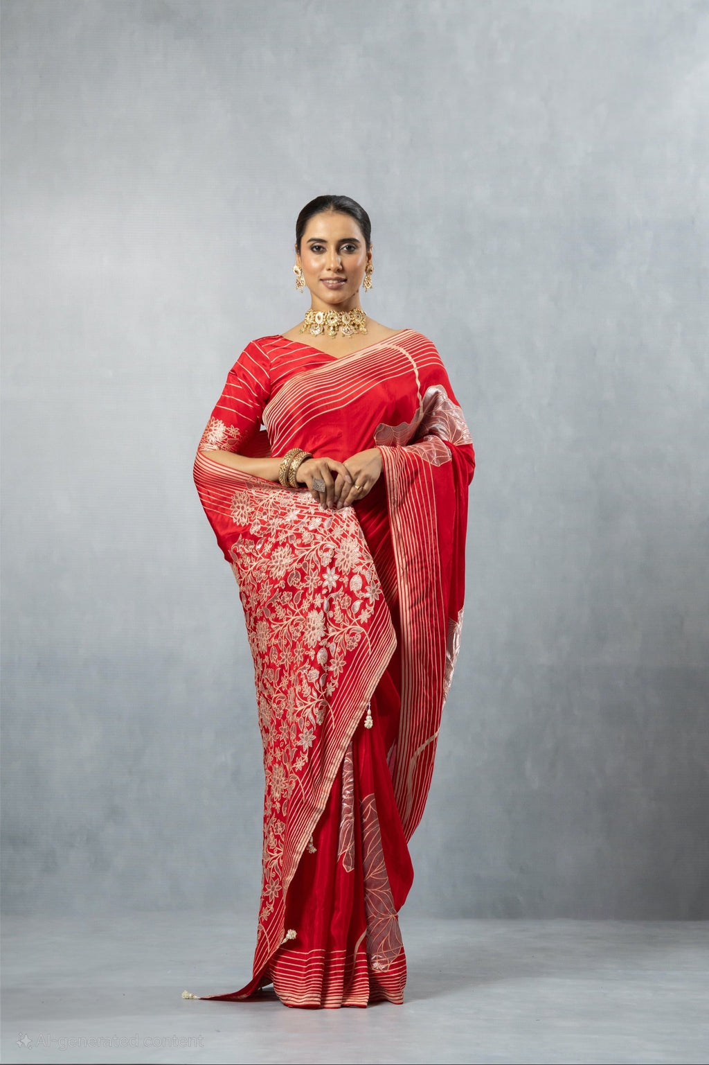 Deep Red Thread Work Silk Saree