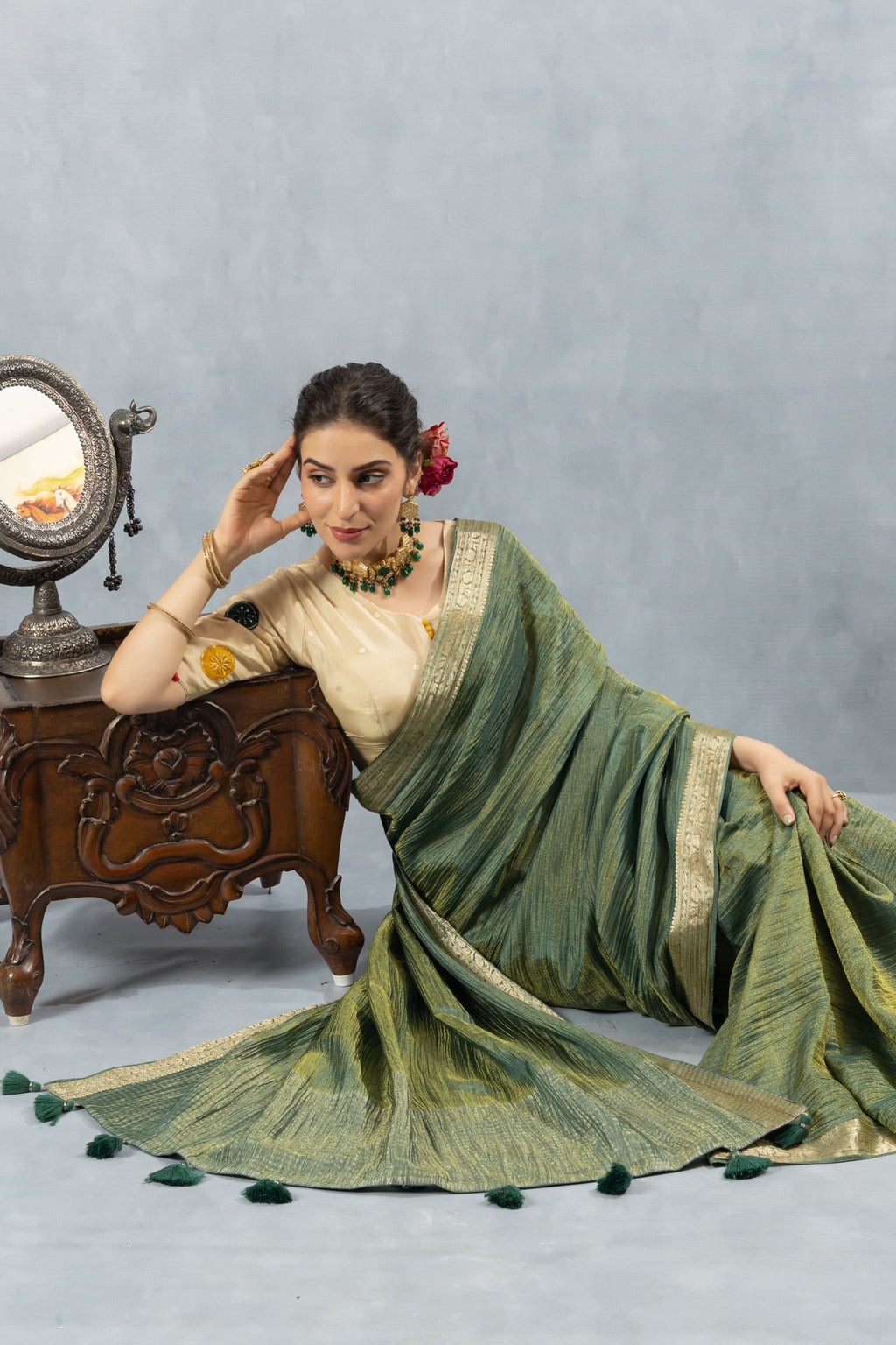 Green Crushed Tissue Silk Saree