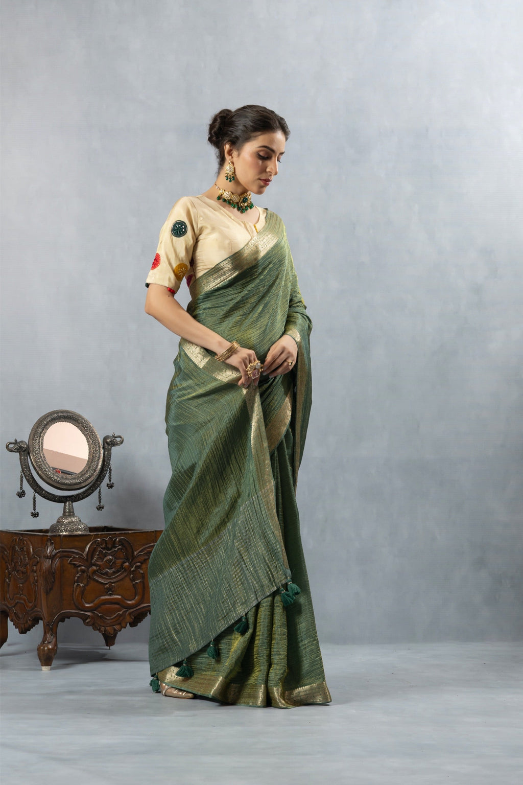 Green Crushed Tissue Silk Saree