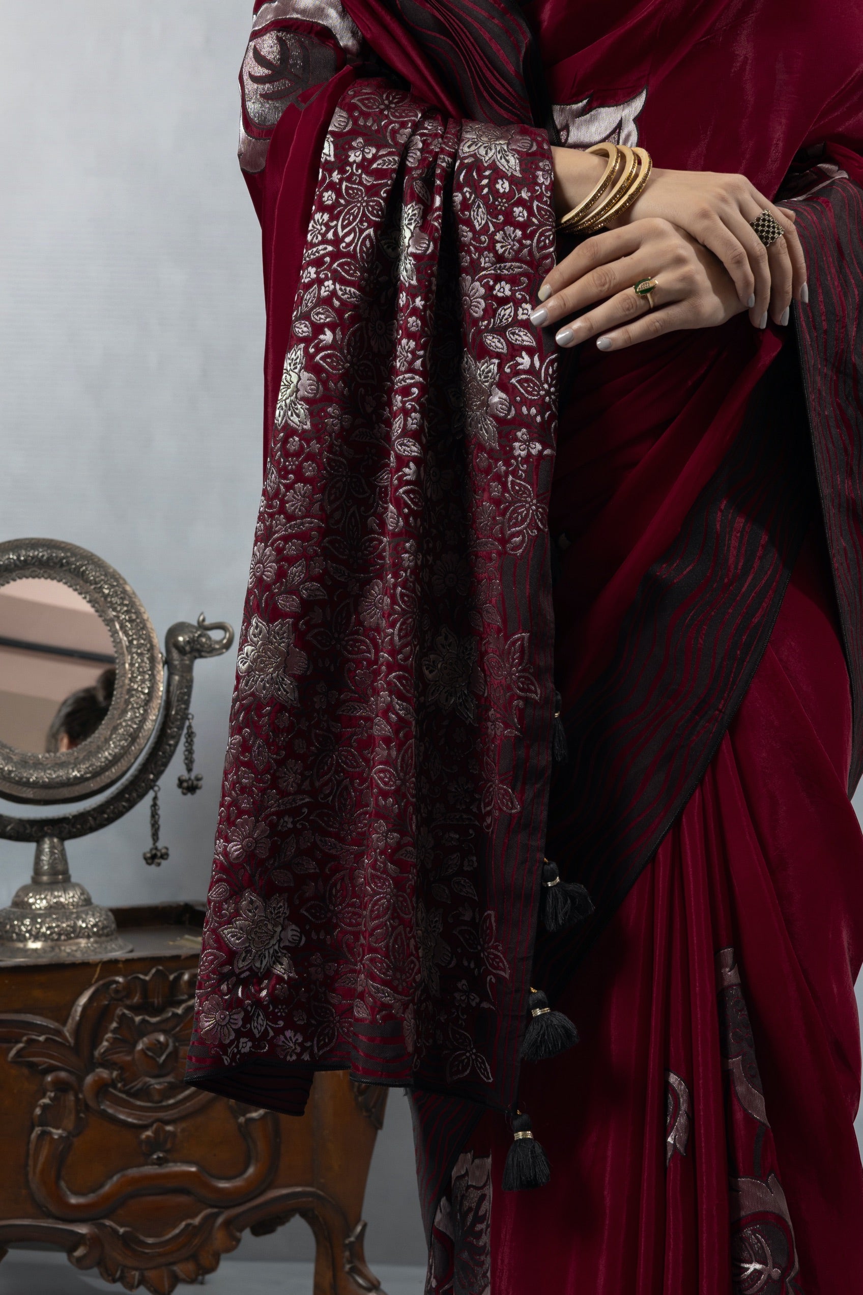 Red Black Thread Work Silk Saree
