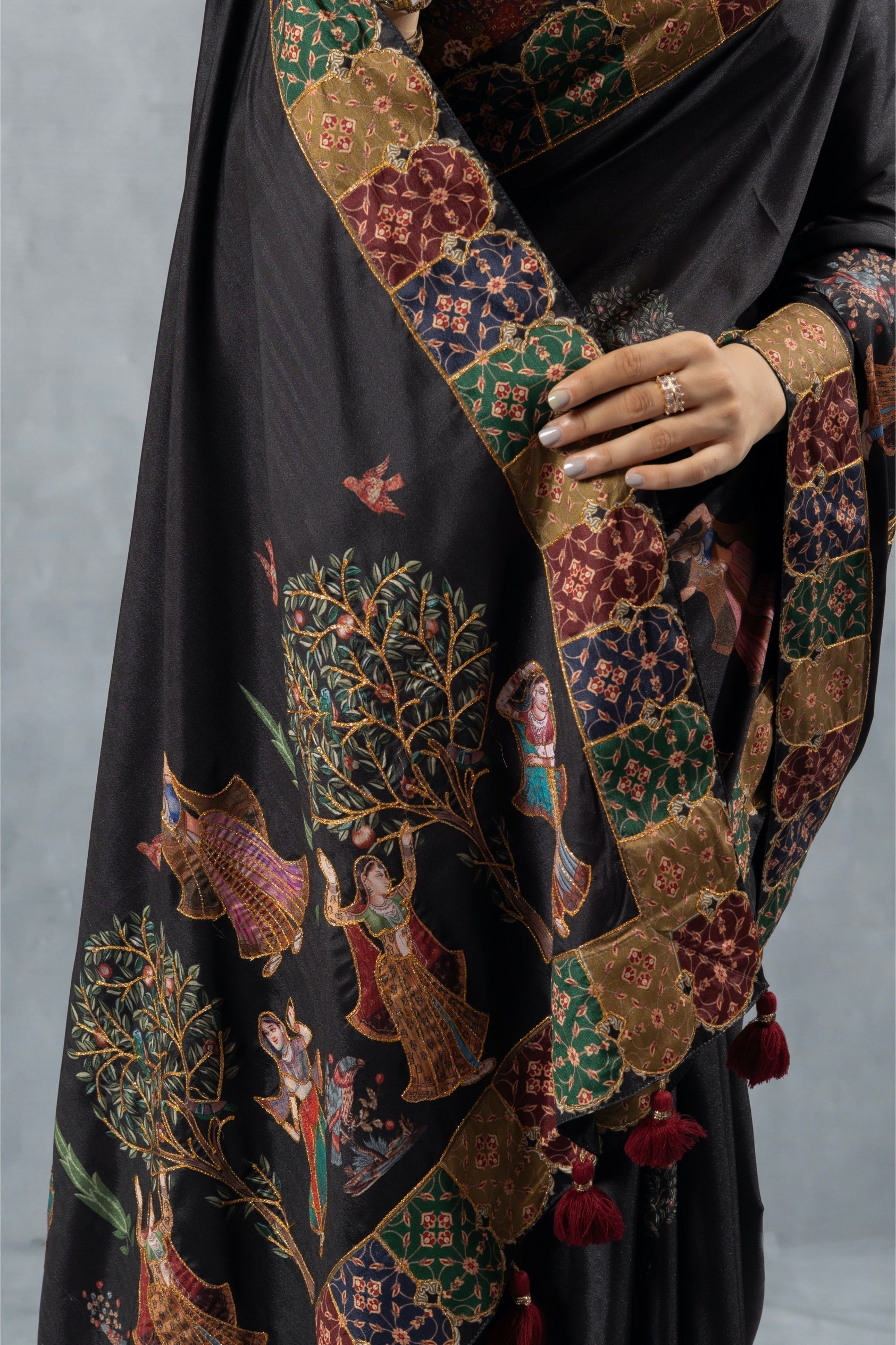 Black Printed Silk Blend Saree