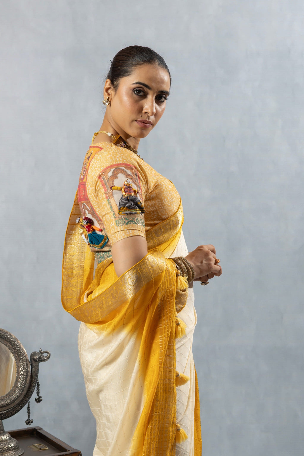 Yellow Off-White Designer Saree
