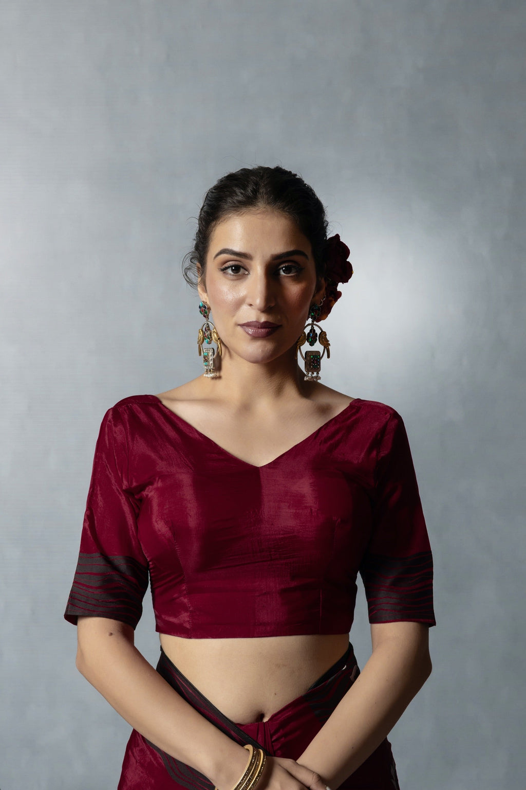 Red Black Thread Work Silk Saree