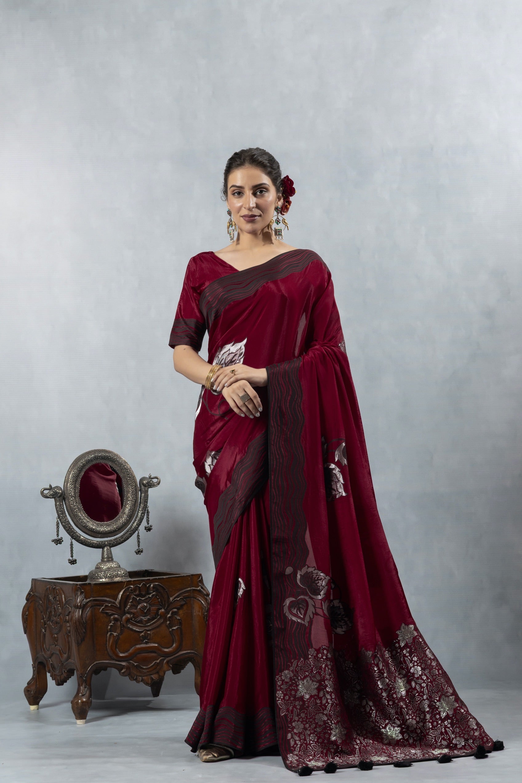 Red Black Thread Work Silk Saree