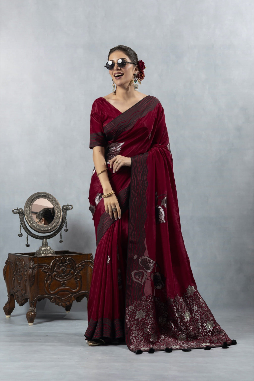 Red Black Thread Work Silk Saree