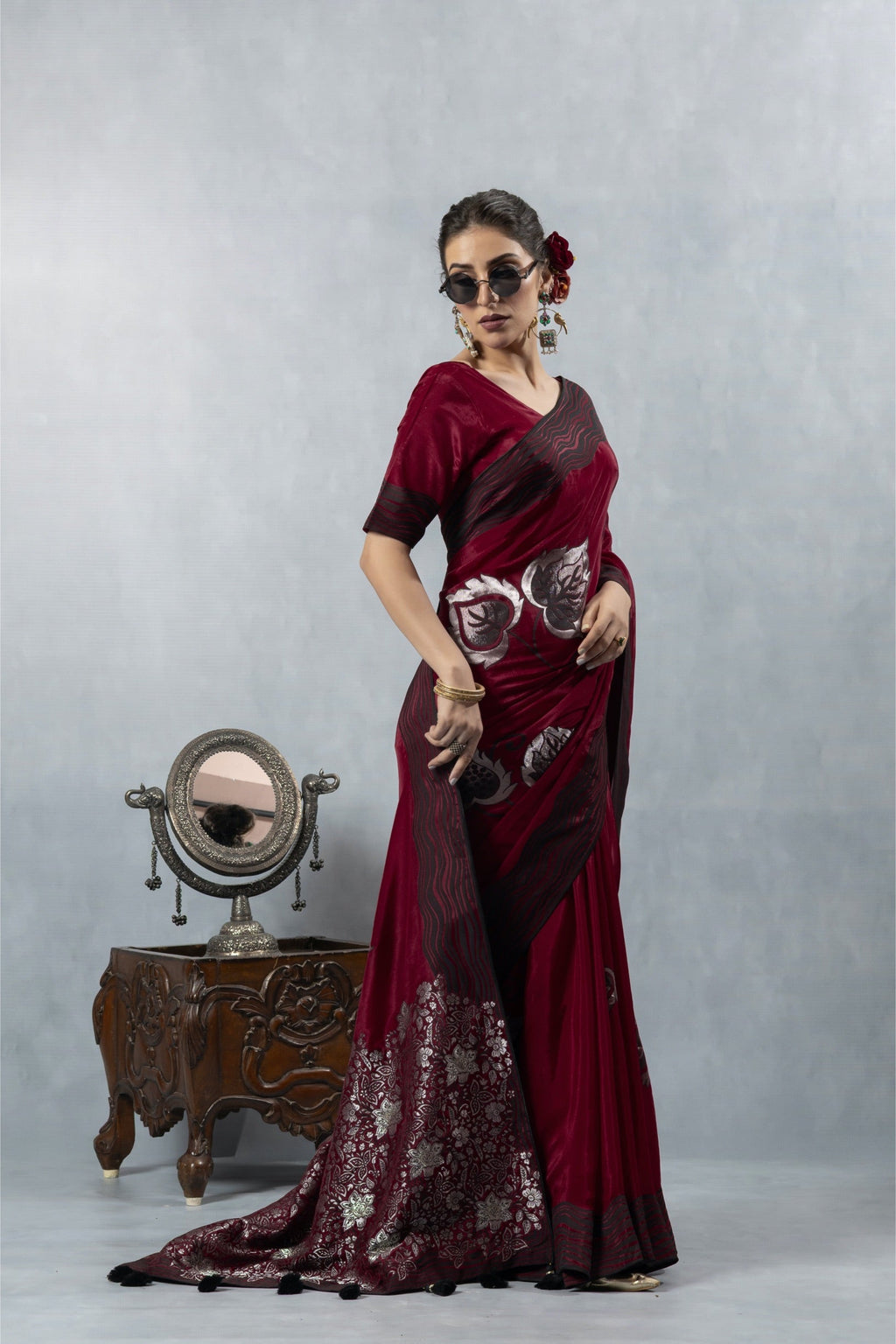 Red Black Thread Work Silk Saree