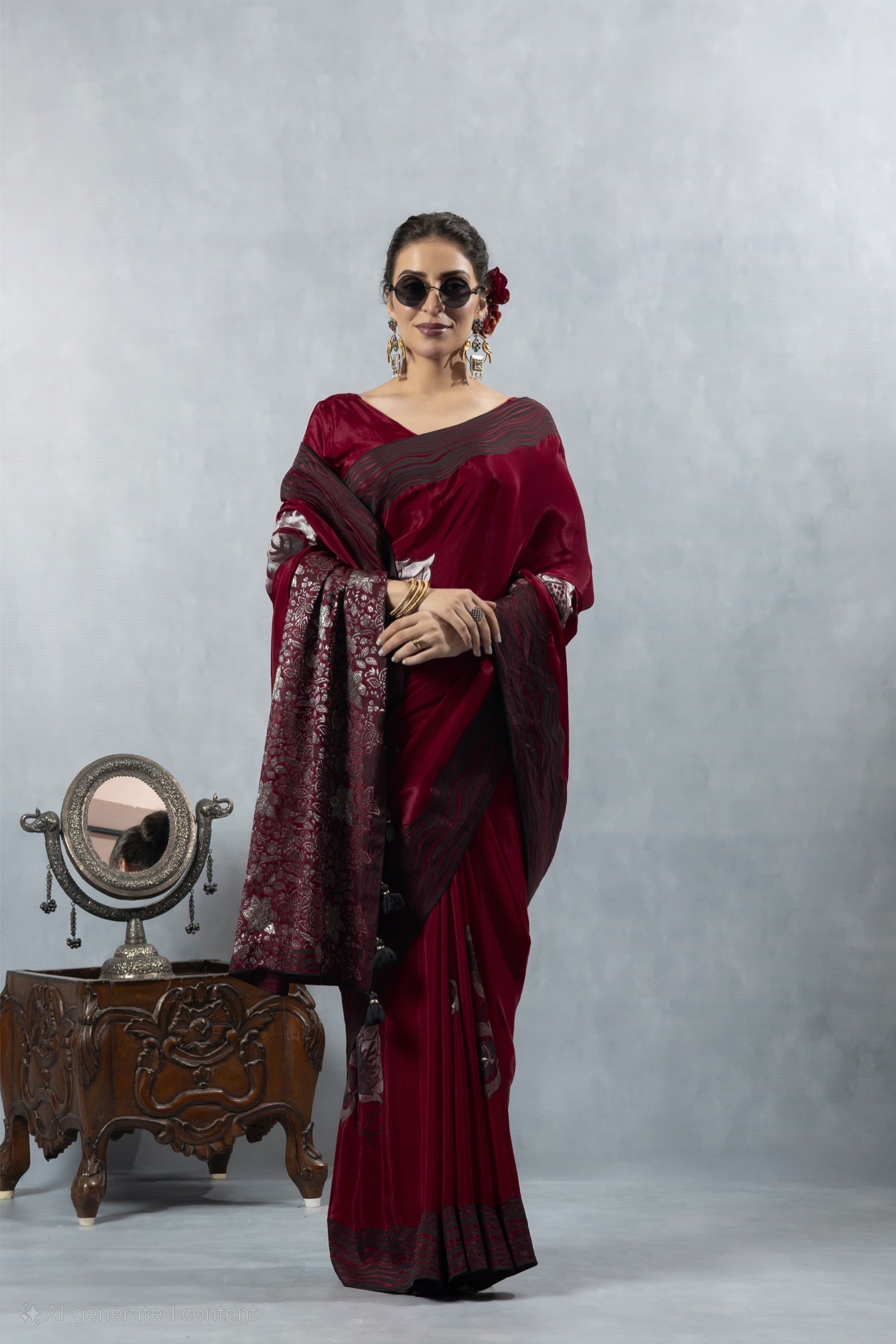 Red Black Thread Work Silk Saree