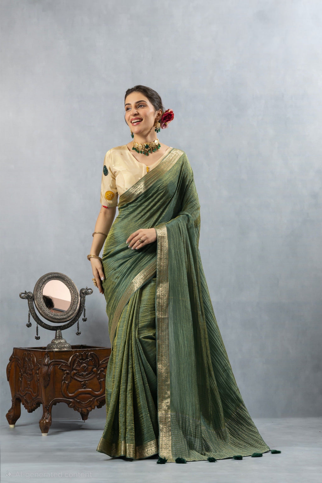 Green Crushed Tissue Silk Saree