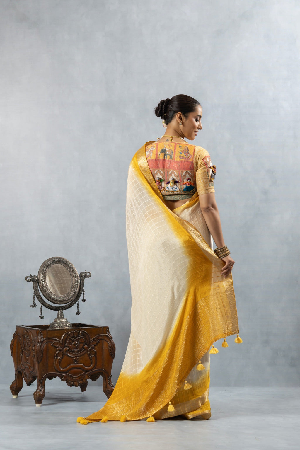 Yellow Off-White Designer Saree