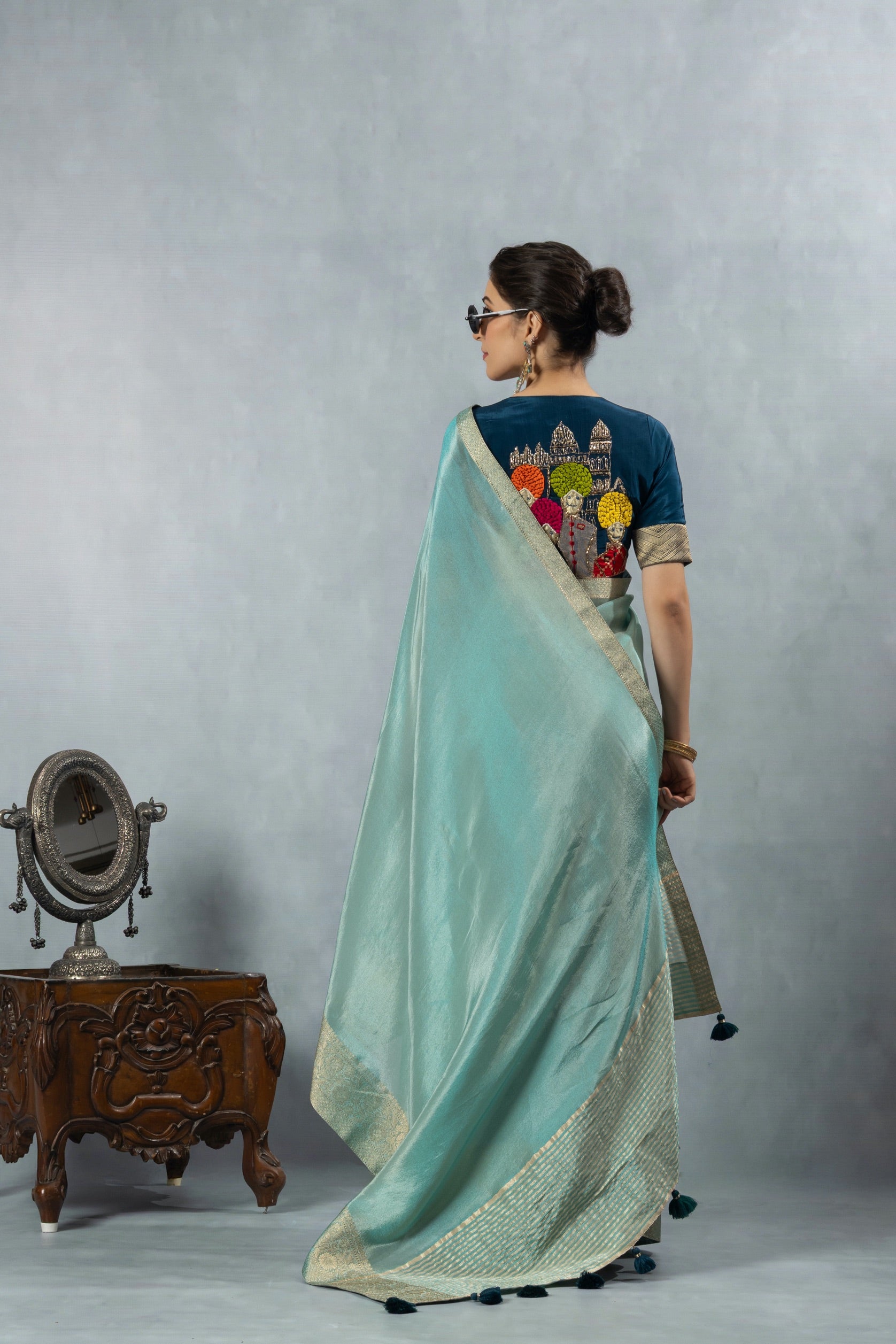Aqua Blue Handwork Blouse Saree