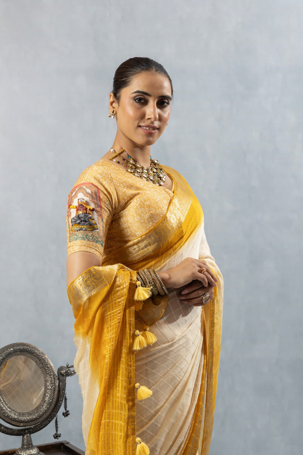 Yellow Off-White Designer Saree