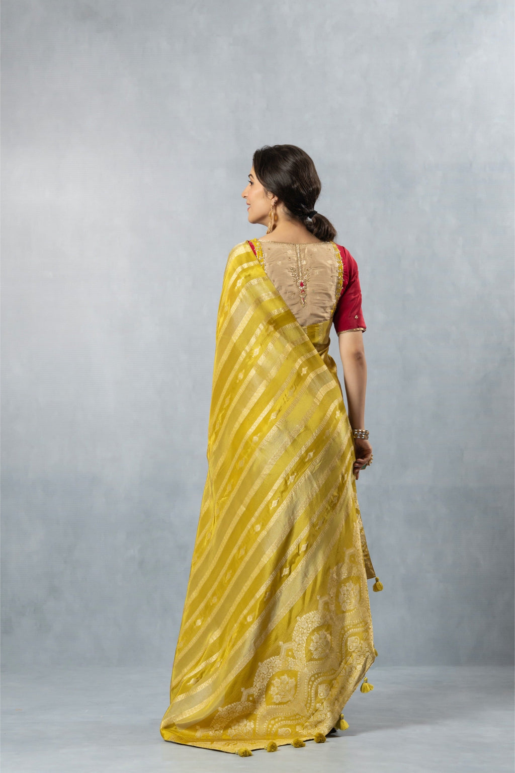 Lime Green Striped Zari Saree