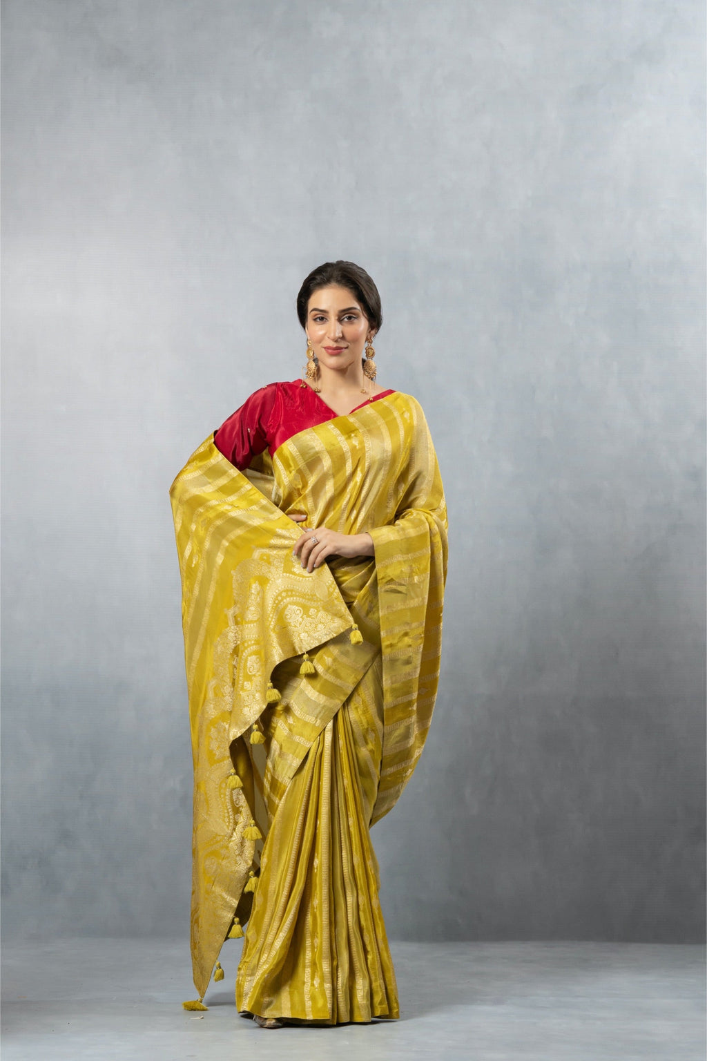 Lime Green Striped Zari Saree